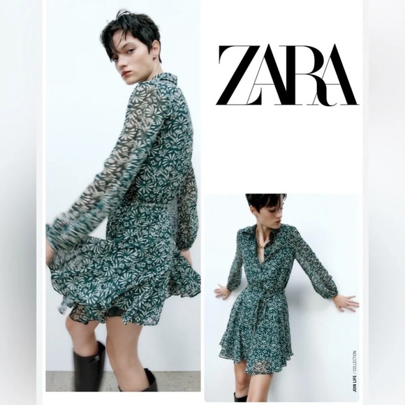 Zara Dresses & Skirts - NWT Zara Green Printed Button Down Dress Braided Self Belt Elastic Sleeves LARGE